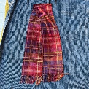 72” Loominus Handwovens Rayon Chenille Winter Scarf Woodstock Artist Plaid Vntg